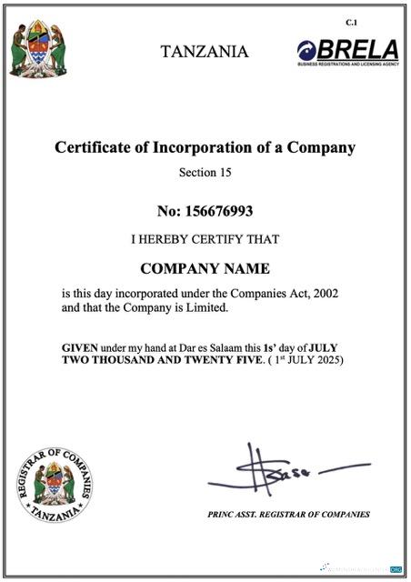 Download Tanzia certificate of company incorporation Word and PDF template Photoshop template
